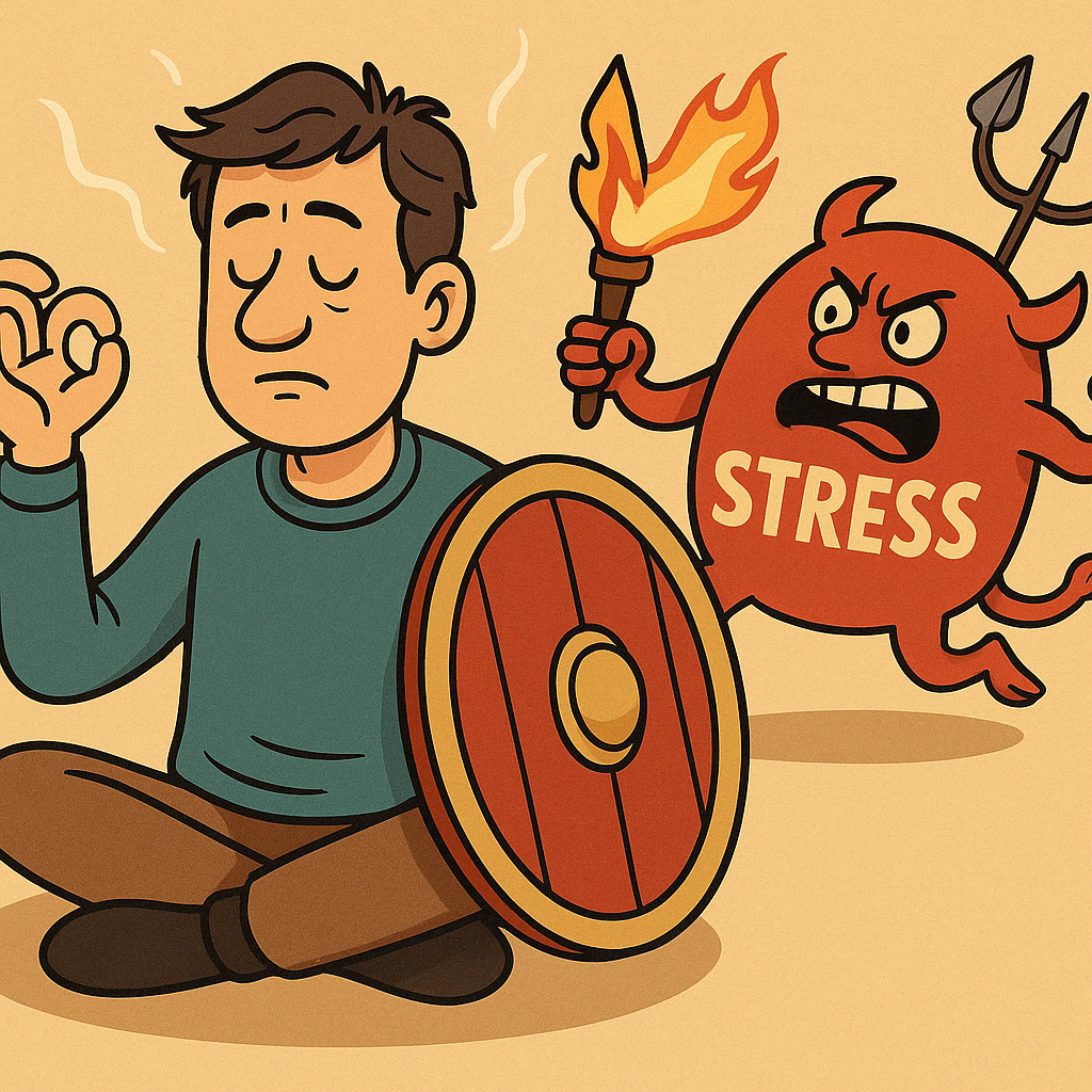 Titelbild "Praxis": Ein Mann sitzt meditierend im Schneidersitz und hält ein Schutzschild. Von hinten nähert sich eine rote Comic-Figur, die Stress symbolisiert. In der Hand trägt sie eine Fackel.