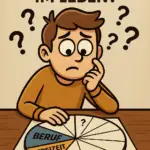 Die Illustration zeigt einen Mann an einem Tisch. Er arbeitet an seinem Lebensrad und fragt sich, wie es mehr Balance in sein Leben bekommt.