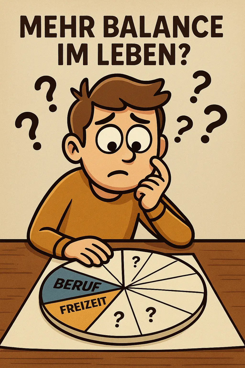 Die Illustration zeigt einen Mann an einem Tisch. Er arbeitet an seinem Lebensrad und fragt sich, wie es mehr Balance in sein Leben bekommt.