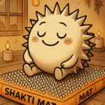 Eine fiktive Figur, die einem Seeigel gleicht, sitzt auf einer Shakti-Matte und entspannt.