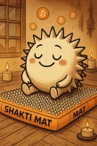 Eine fiktive Figur, die einem Seeigel gleicht, sitzt auf einer Shakti-Matte und entspannt.