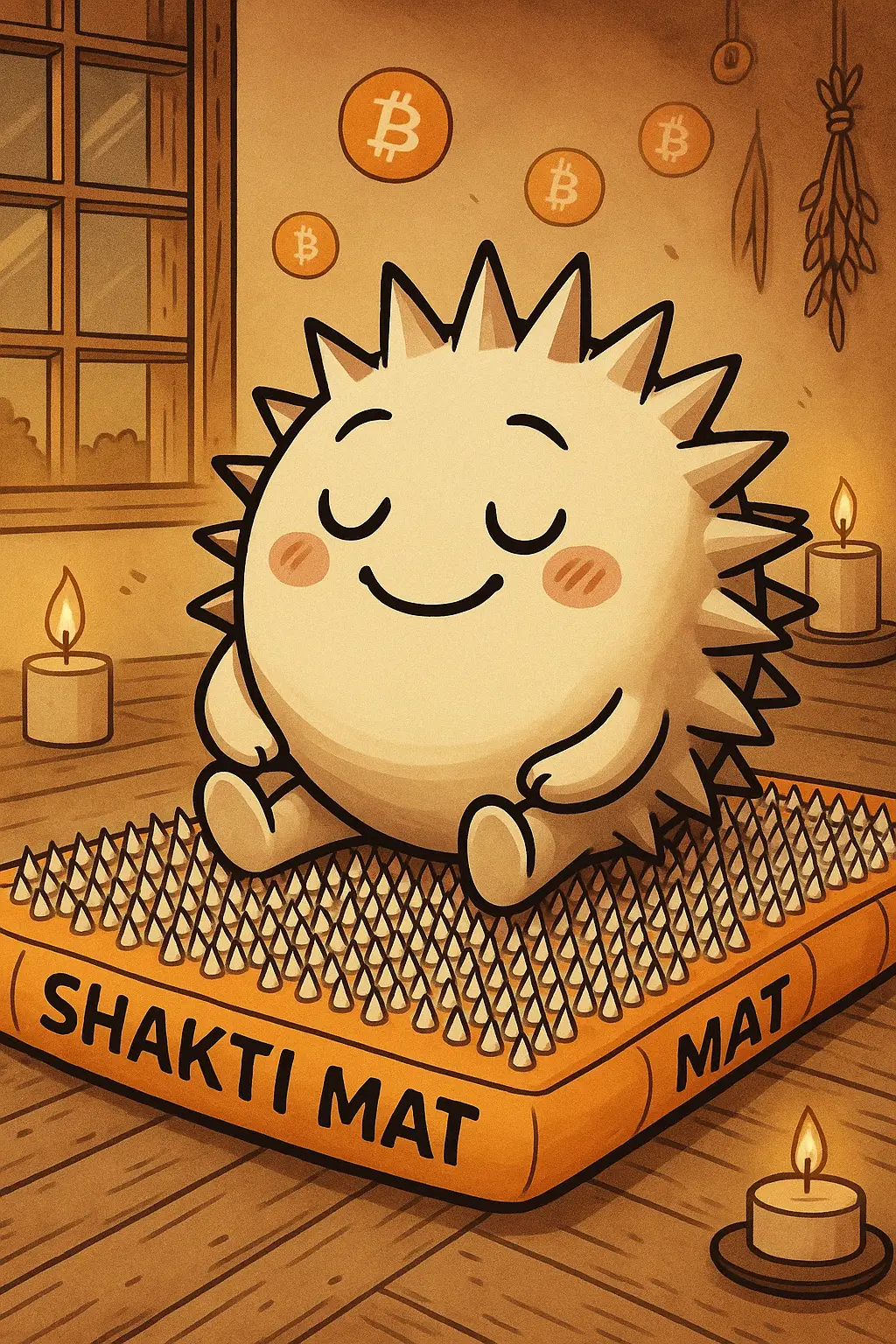 Eine fiktive Figur, die einem Seeigel gleicht, sitzt auf einer Shakti-Matte und entspannt.