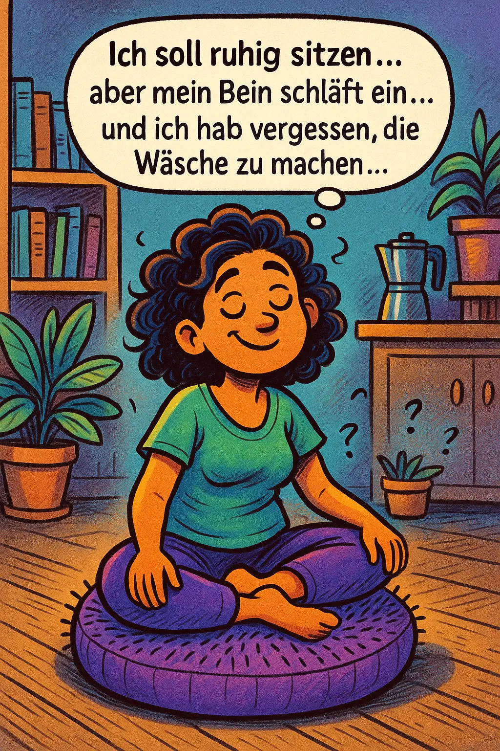 Meditation: Die Illustration zeigt eine Frau mit zufriedenem Gesichtsausdruck. Sie sitzt auf einem Meditationskissen und meditiert. In ihrer Gedankenblase steht: Ich soll ruhig sitzen...aber mein Bein schläft ein...und ich hab vergessen, die Wäsche zu machen.