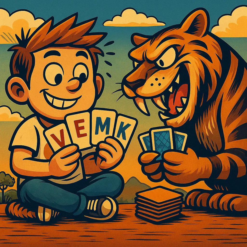 Die Illustration zeigt das Prinzip "Kurzfristige Erleichterung". Ein Junge spielt mit einem Säbelzahntiger Karten. Auf den vier Karten, die der Junge in der Hand hält stehen ein V, ein E, ein M und ein K. Die Buchstaben stehen für die 4 Stressebenen vegetativ, emotional, muskulär und kognitiv.