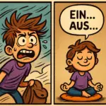 Die Illustration zeigt links einen schreienden Jungen, der offensichtlich gestresst ist. Rechts im Bild sitzt dieser Junge entspannt im Schneidersitz und macht eine Atemmeditation.
