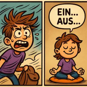 Die Illustration zeigt links einen schreienden Jungen, der offensichtlich gestresst ist. Rechts im Bild sitzt dieser Junge entspannt im Schneidersitz und macht eine Atemmeditation.