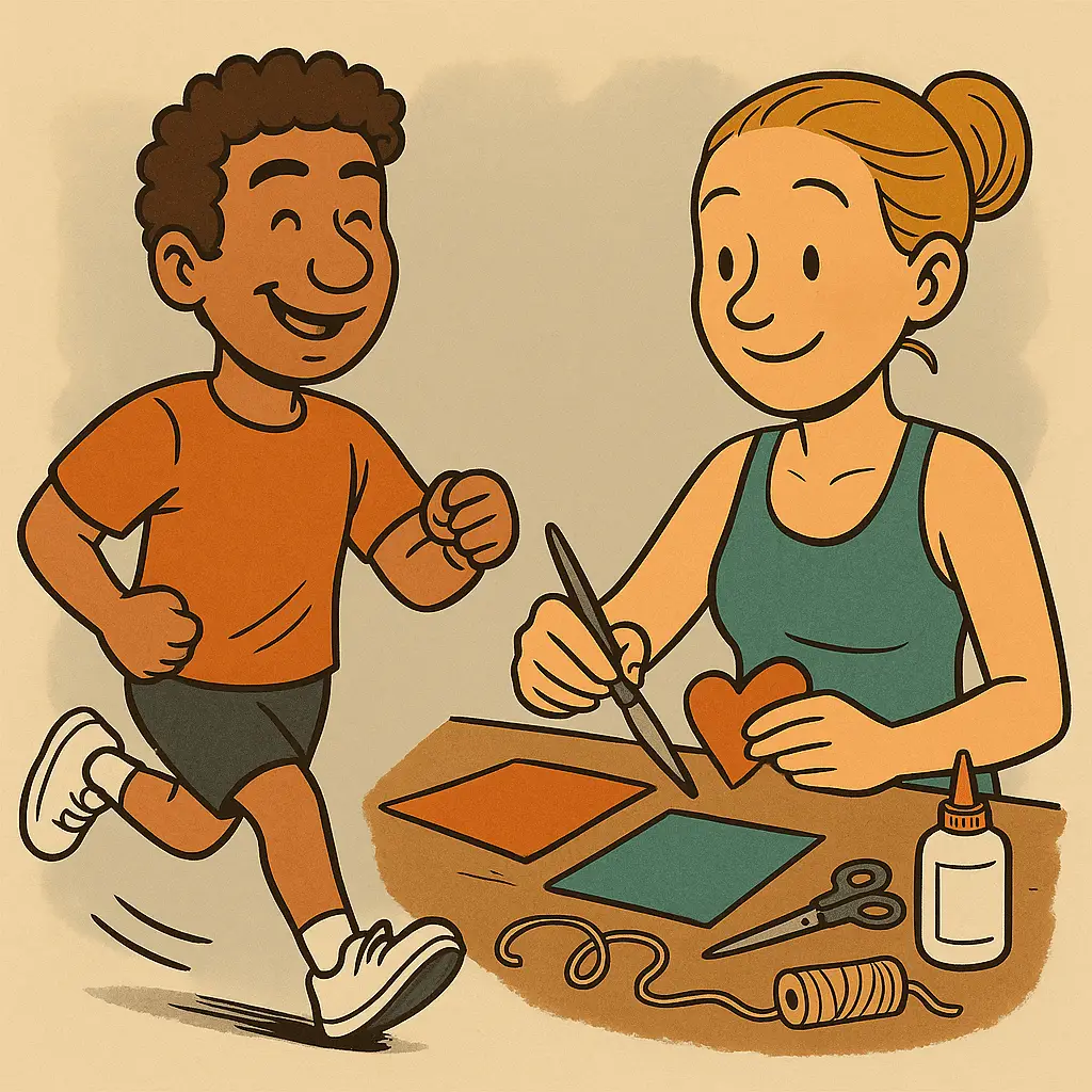 Illustration zum Thema Stressabbau und Entspannungstechniken. Das Bild zeigt 2 Comic-Figuren. Der Mann joggt, um seinen Stress abzubauen. Die Frau bastelt zur Entspannung.