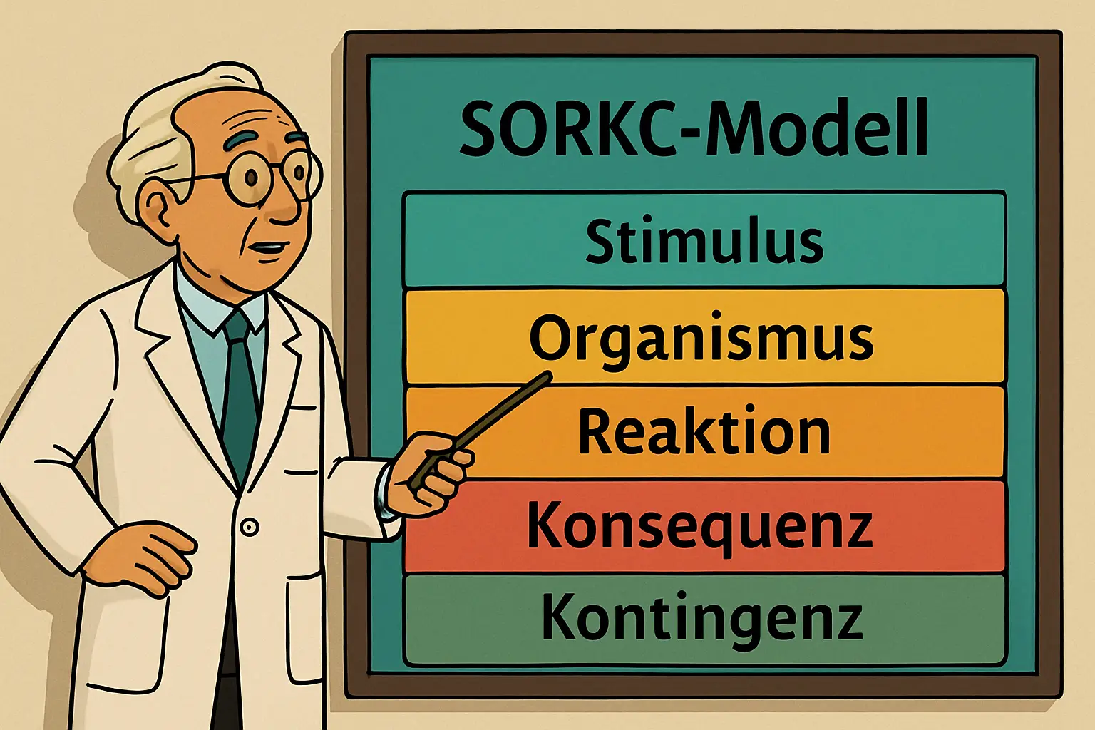 Die Illustration zeigt einen Lehrer, der an einer Tafel anhand des SORKC-Modells erklärt, wie Stress funktioniert