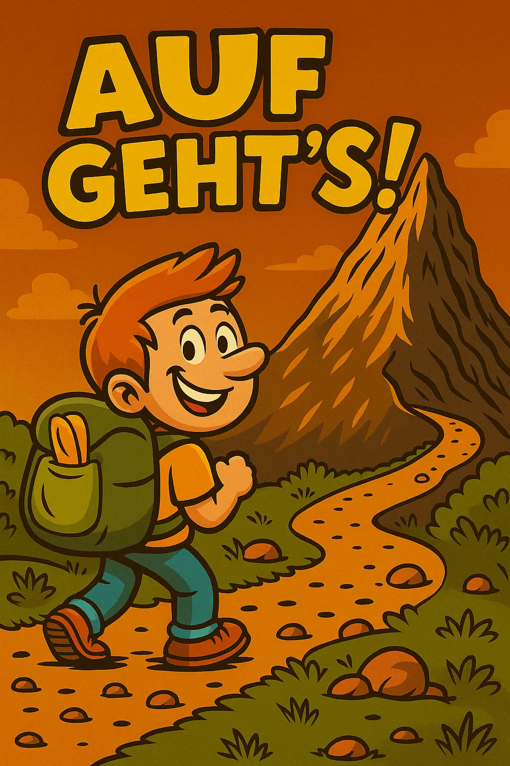 Die Illustration zeigt einen motivierten jungen Mann, der mit seinem Rucksack auf den Weg macht, einen Berg hochzuwandern. Das Bild trägt den Titel "Auf geht's!"Gemeint ist, dass die Figur sich auf den Weg macht, um Stressmanagement zu erlernen