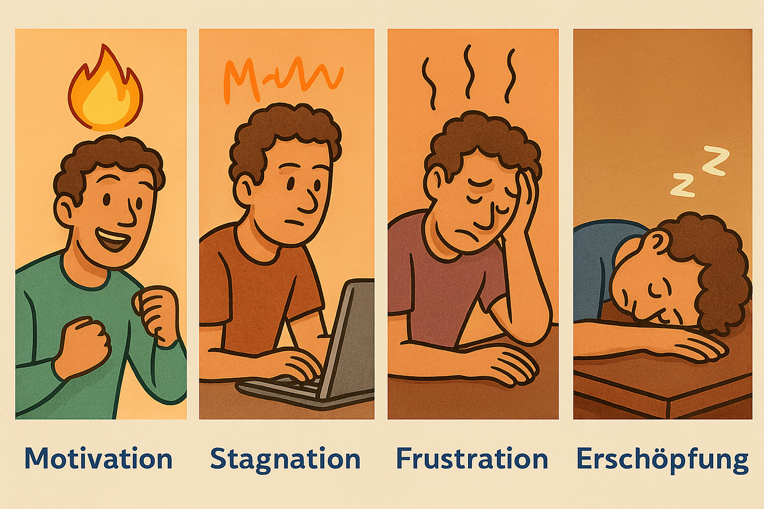 Illustration des Burnout-Verlaufs in vier Phasen: vom inneren Funken bis zur völligen Erschöpfung, dargestellt in comicartigem Stil