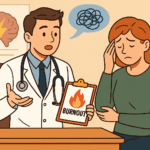 Comicartige Illustration: Nachdenkliche Frau betrachtet ihre Symptome – zwischen Erschöpfung und innerer Klarheit