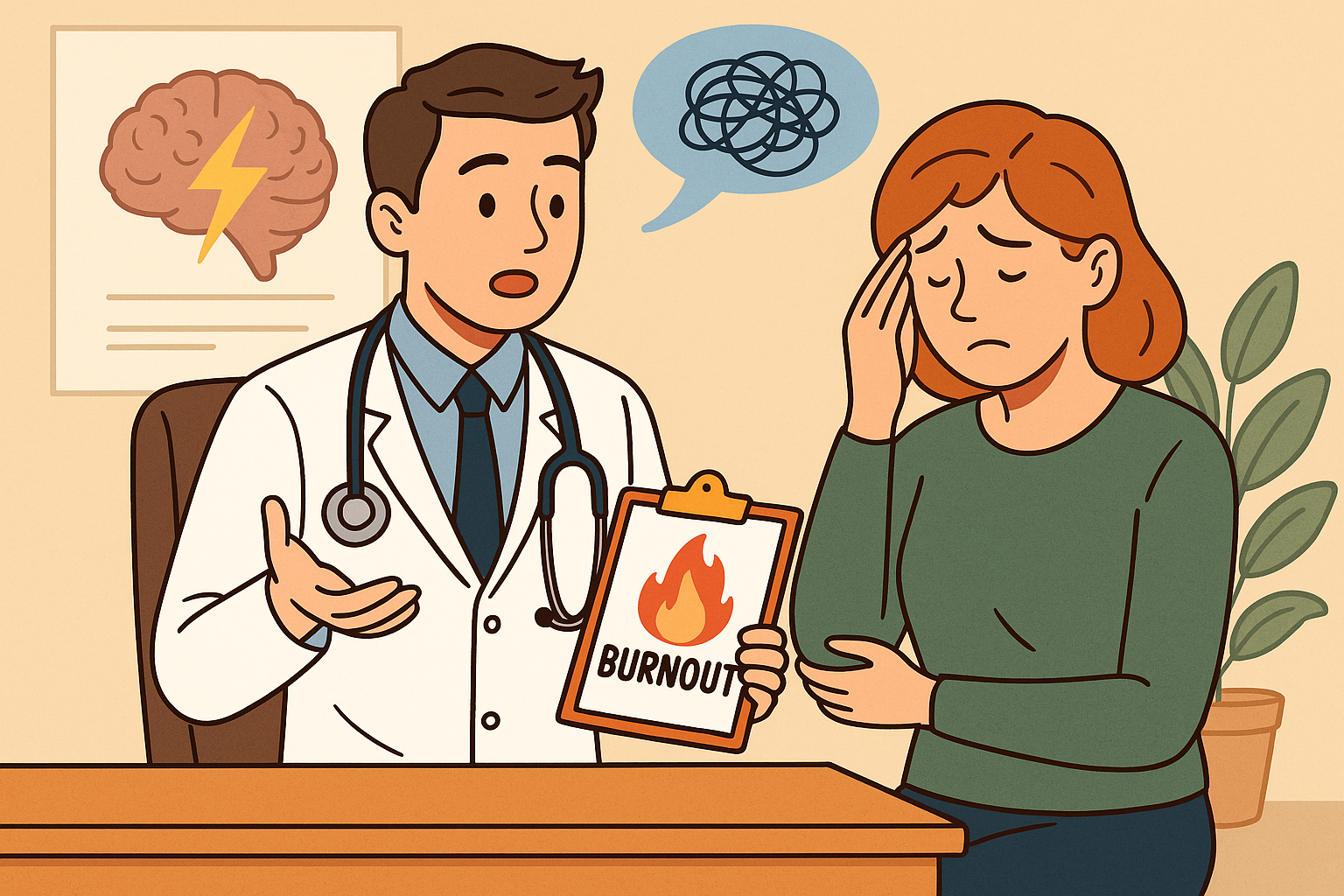 Comicartige Illustration: Nachdenkliche Frau betrachtet ihre Symptome – zwischen Erschöpfung und innerer Klarheit