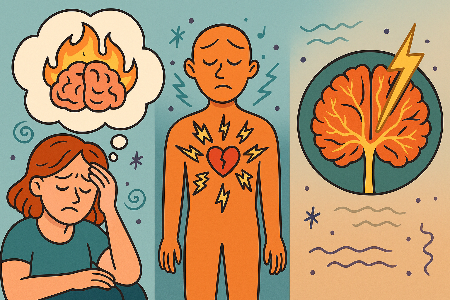 Comicartige Illustration in drei Szenen: Von innerer Anspannung über körperliche Erschöpfung bis zu einem Moment der Selbsterkenntnis – Entwicklung von Burnout anschaulich dargestellt